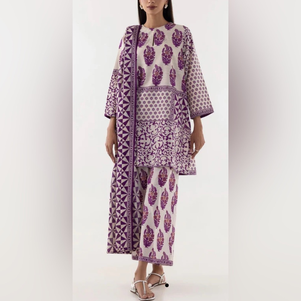 Sana Safinaz 3 piece stitched Pakistani suit in cotton purple beige